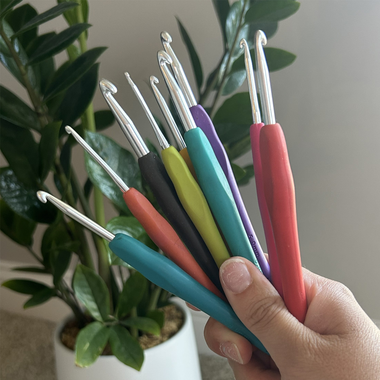 Hand holding an assortment of colorful crochet hooks
