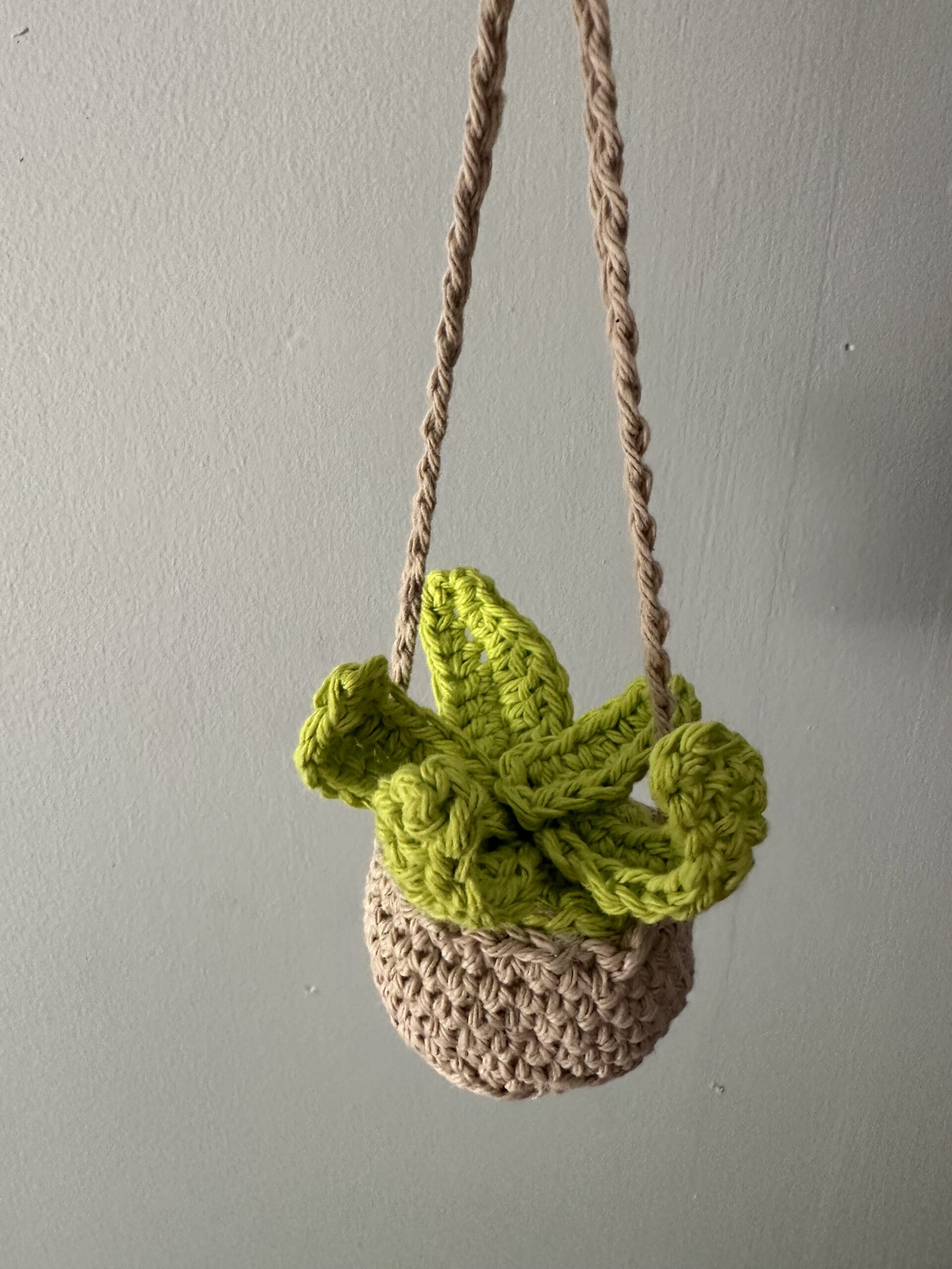 Handmade crochet plant in round pot against light grey background