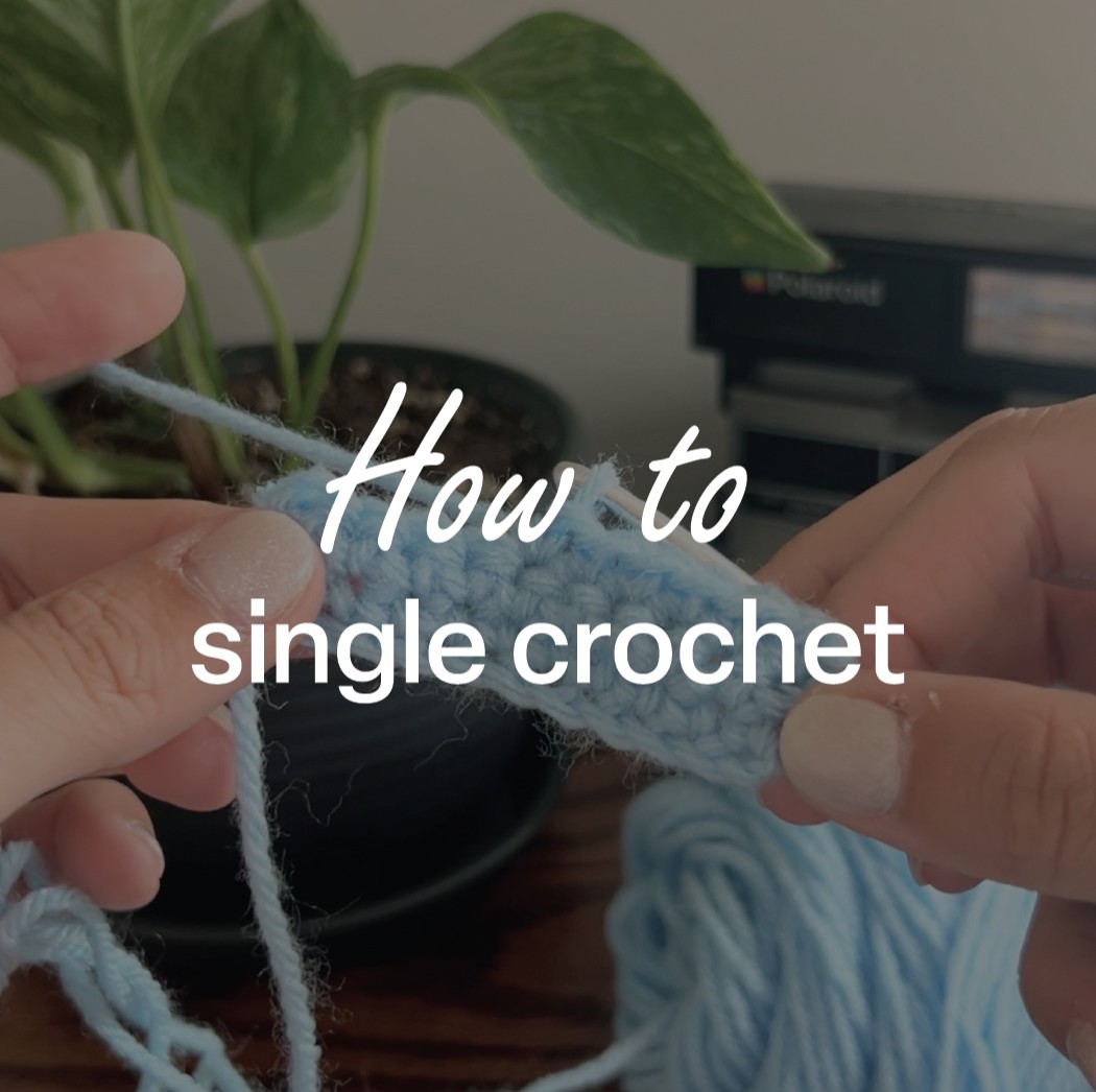 How to Single Crochet text over an image of two hands actively crocheting