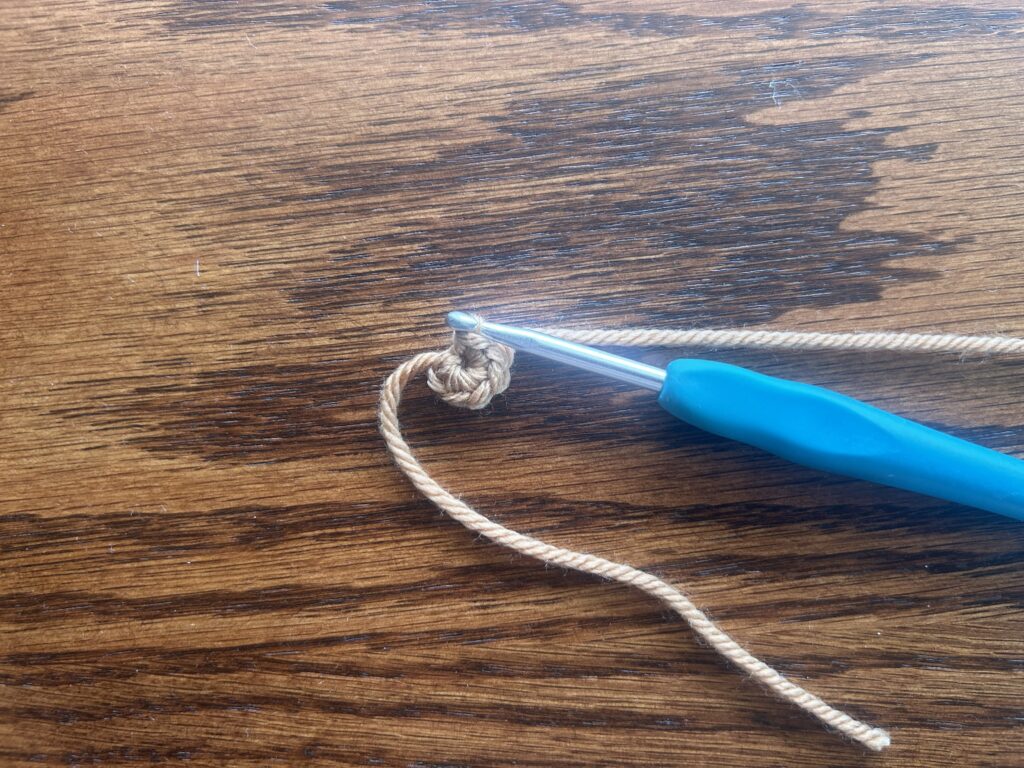 Crochet hook and brown yarn showing round 1 of the crochet pattern