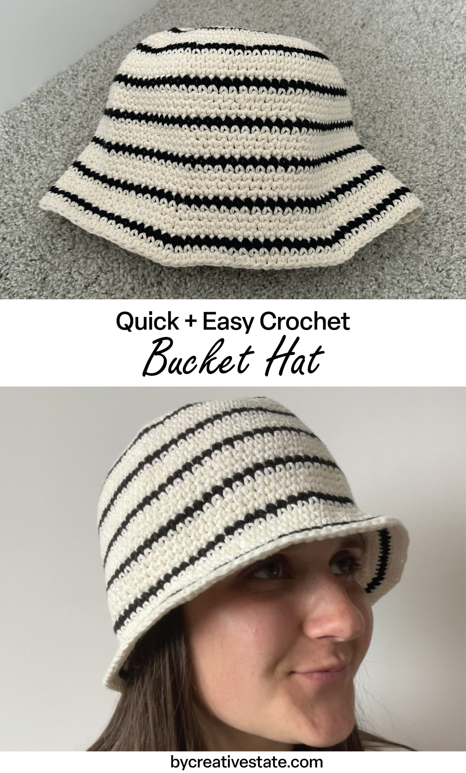 Black and white striped bucket hat modeled by young woman with brunette hair, pinterest pin