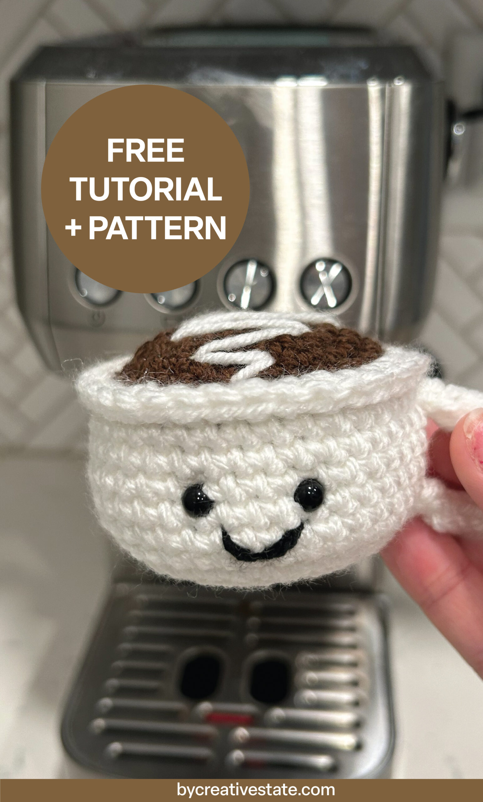 Crochet Coffee Cup sitting next to silver coffee pot Pinterest Pin