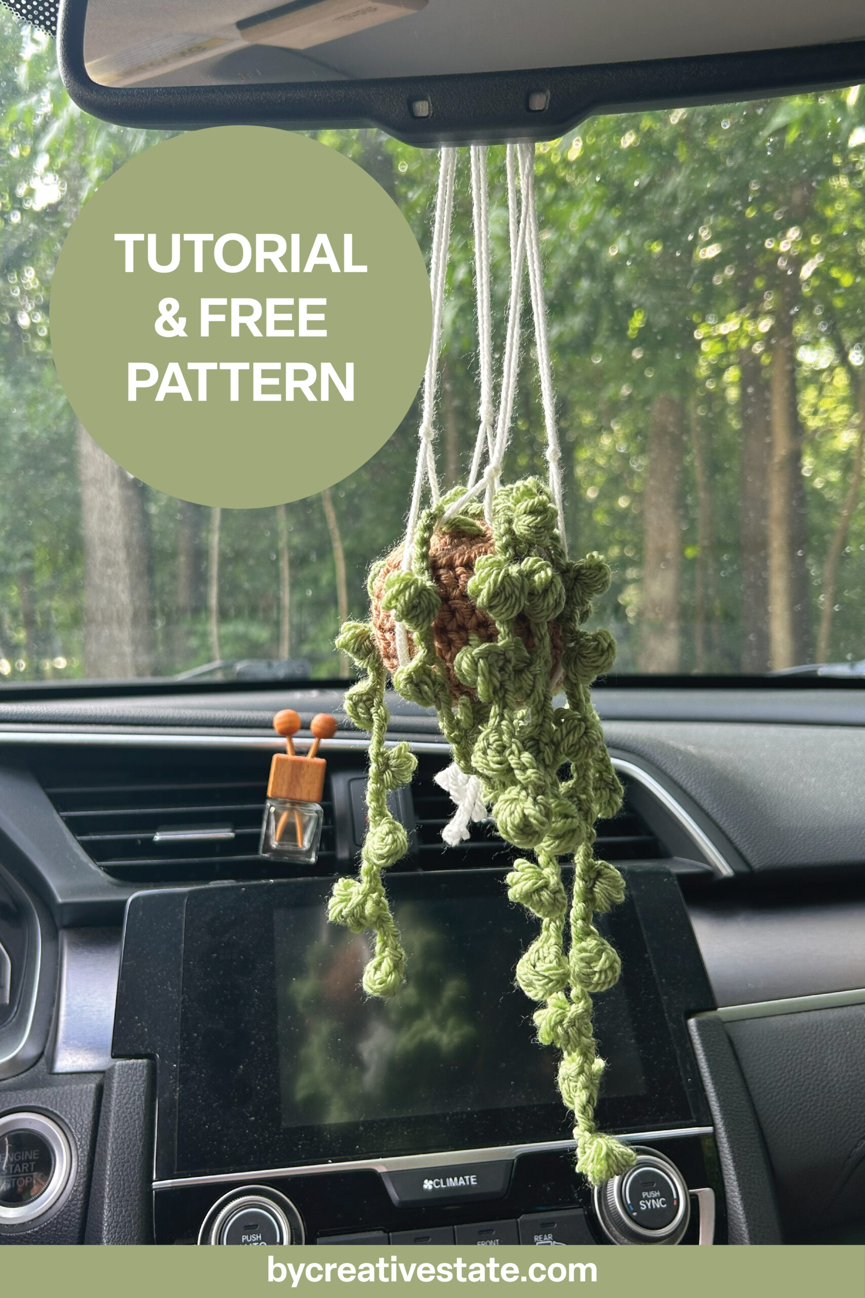Green string of pearls plant in brown pot with macrame holder, pinterest post